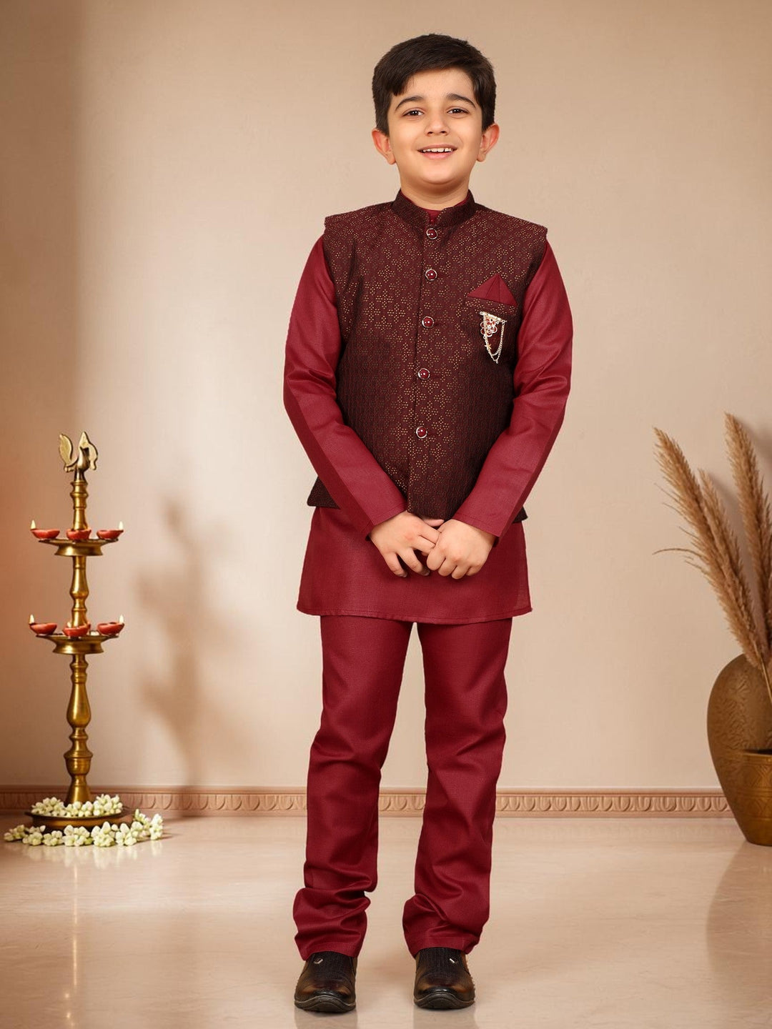 Boys Cotton Silk Solid Kurta Pyjama Set With Jacquard Geometric Floral Motifs Waistcoat - Maroon | SHOBITAM