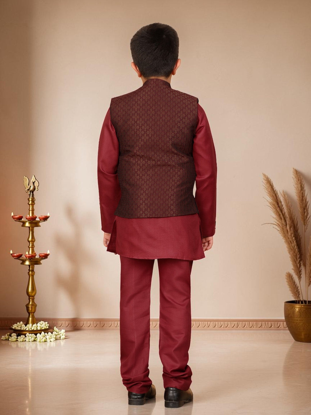 Boys Cotton Silk Solid Kurta Pyjama Set With Jacquard Geometric Floral Motifs Waistcoat - Maroon | SHOBITAM