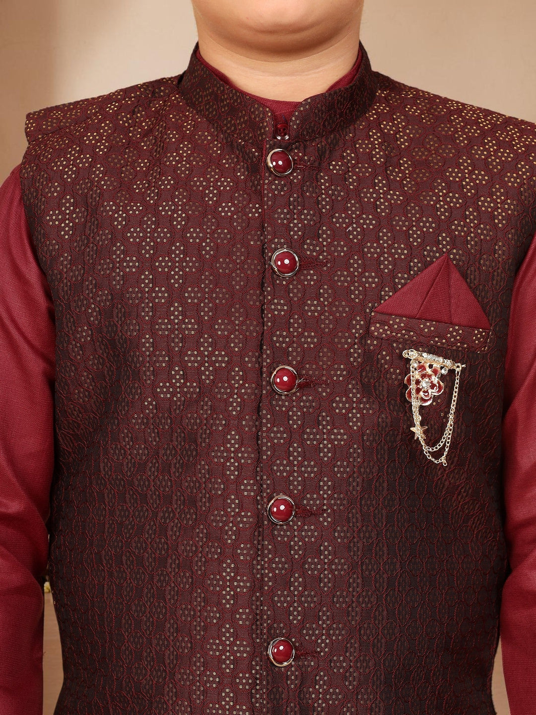 Boys Cotton Silk Solid Kurta Pyjama Set With Jacquard Geometric Floral Motifs Waistcoat - Maroon | SHOBITAM