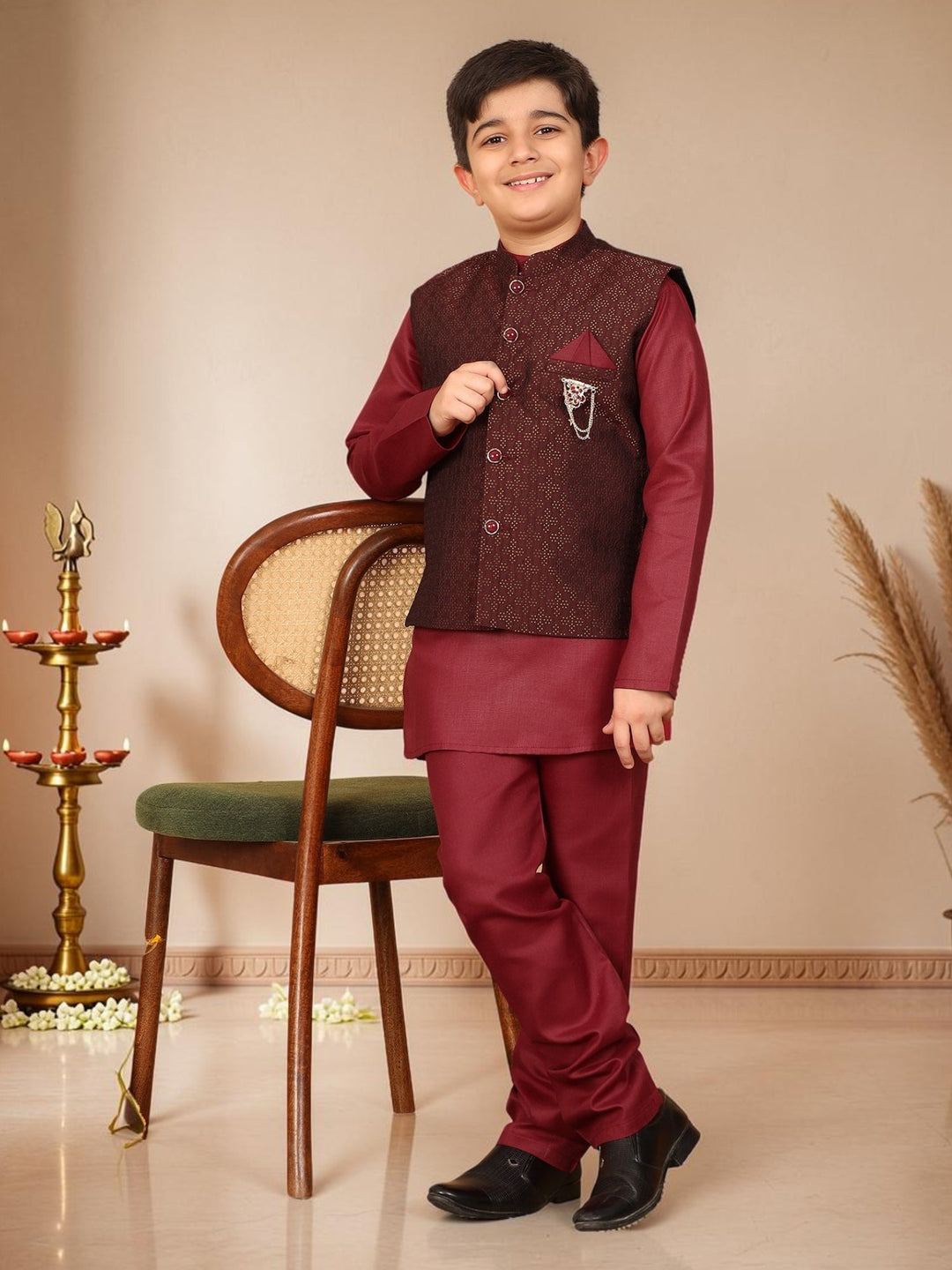 Boys Cotton Silk Solid Kurta Pyjama Set With Jacquard Geometric Floral Motifs Waistcoat - Maroon | SHOBITAM