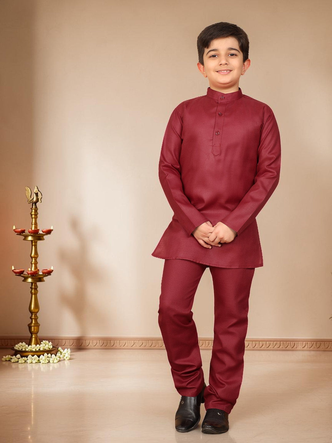 Boys Cotton Silk Solid Kurta Pyjama Set With Jacquard Geometric Floral Motifs Waistcoat - Maroon | SHOBITAM