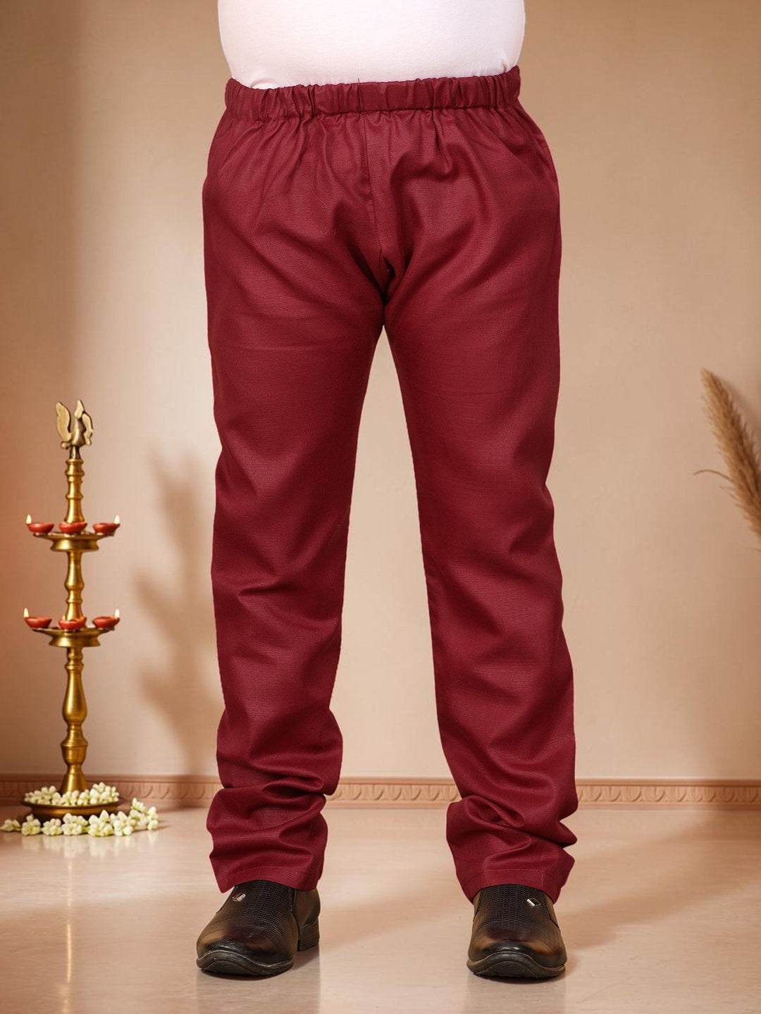 Boys Cotton Silk Solid Kurta Pyjama Set With Jacquard Geometric Floral Motifs Waistcoat - Maroon | SHOBITAM