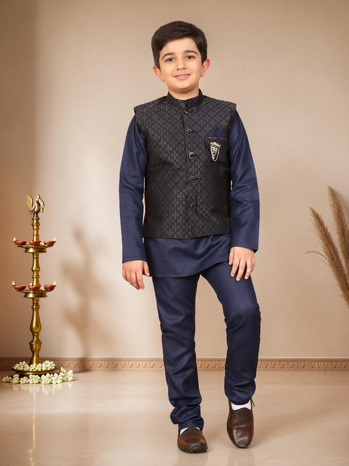 Boys Cotton Silk Solid Kurta Pyjama Set With Jacquard Geometric Floral Motifs Waistcoat - Navy Blue | SHOBITAM