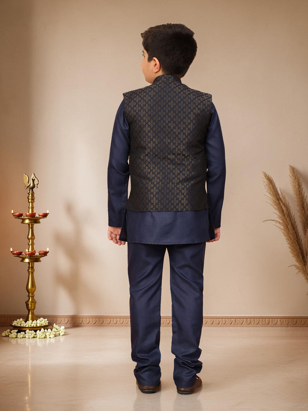 Boys Cotton Silk Solid Kurta Pyjama Set With Jacquard Geometric Floral Motifs Waistcoat - Navy Blue | SHOBITAM