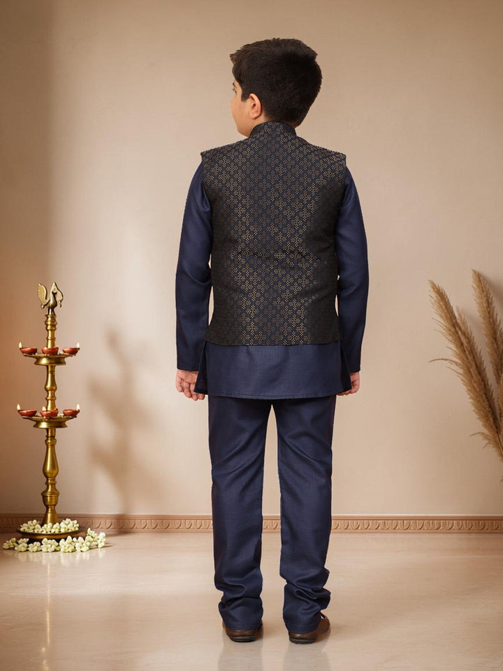 Boys Cotton Silk Solid Kurta Pyjama Set With Jacquard Geometric Floral Motifs Waistcoat - Navy Blue | SHOBITAM