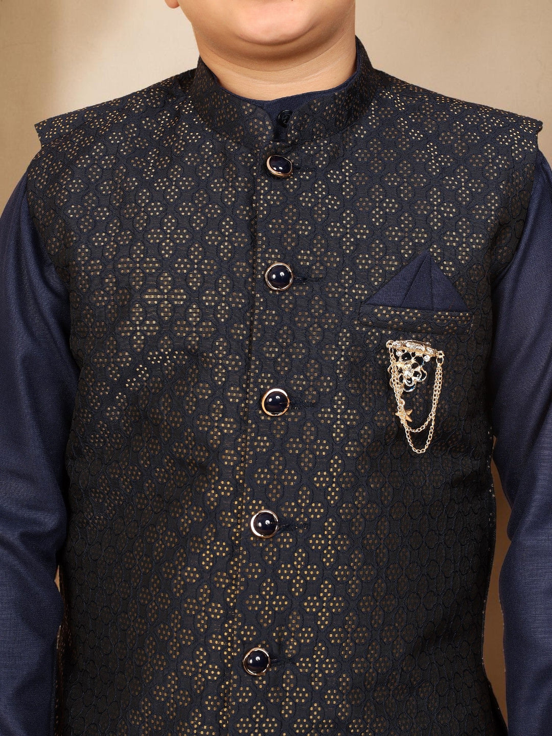 Boys Cotton Silk Solid Kurta Pyjama Set With Jacquard Geometric Floral Motifs Waistcoat - Navy Blue | SHOBITAM