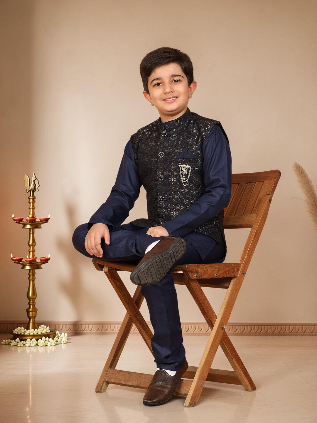 Boys Cotton Silk Solid Kurta Pyjama Set With Jacquard Geometric Floral Motifs Waistcoat - Navy Blue | SHOBITAM