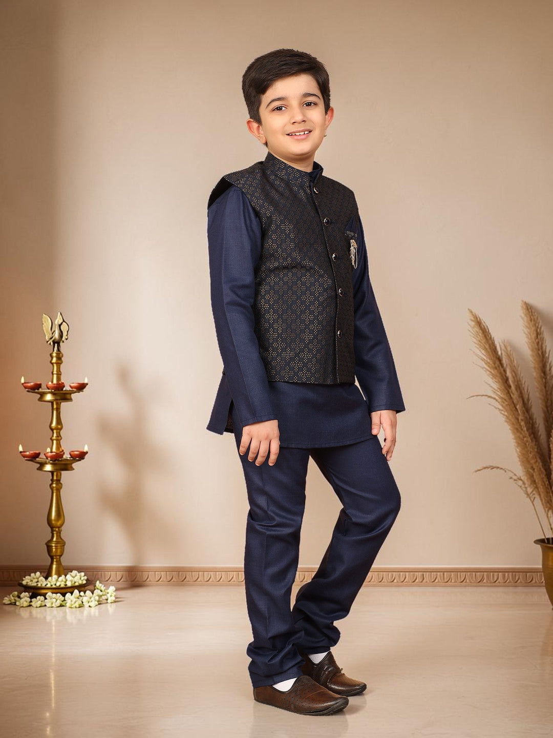 Boys Cotton Silk Solid Kurta Pyjama Set With Jacquard Geometric Floral Motifs Waistcoat - Navy Blue | SHOBITAM
