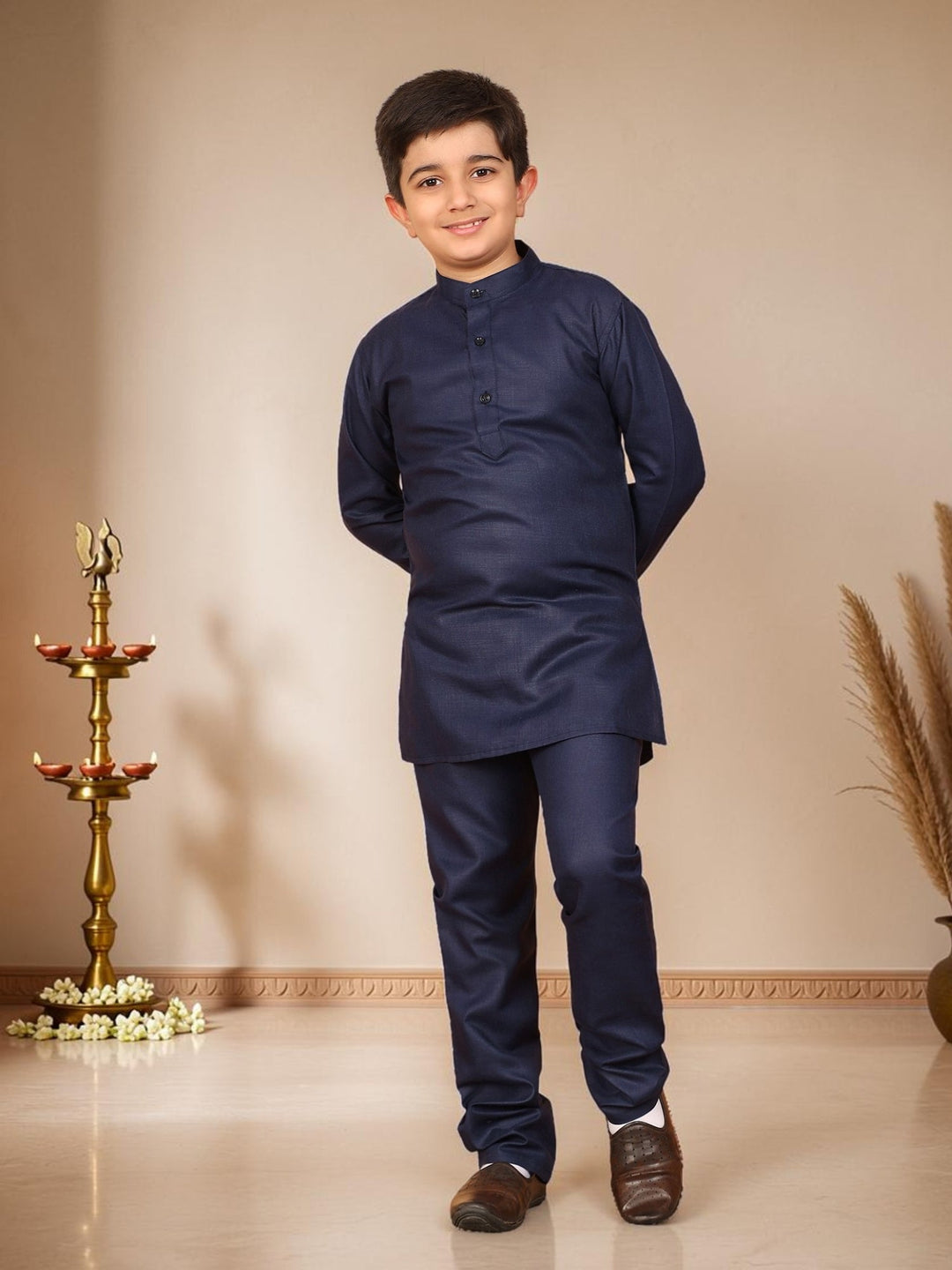 Boys Cotton Silk Solid Kurta Pyjama Set With Jacquard Geometric Floral Motifs Waistcoat - Navy Blue | SHOBITAM