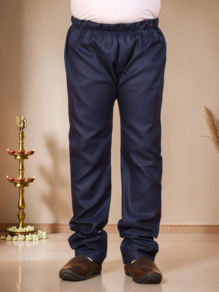 Boys Cotton Silk Solid Kurta Pyjama Set With Jacquard Geometric Floral Motifs Waistcoat - Navy Blue | SHOBITAM