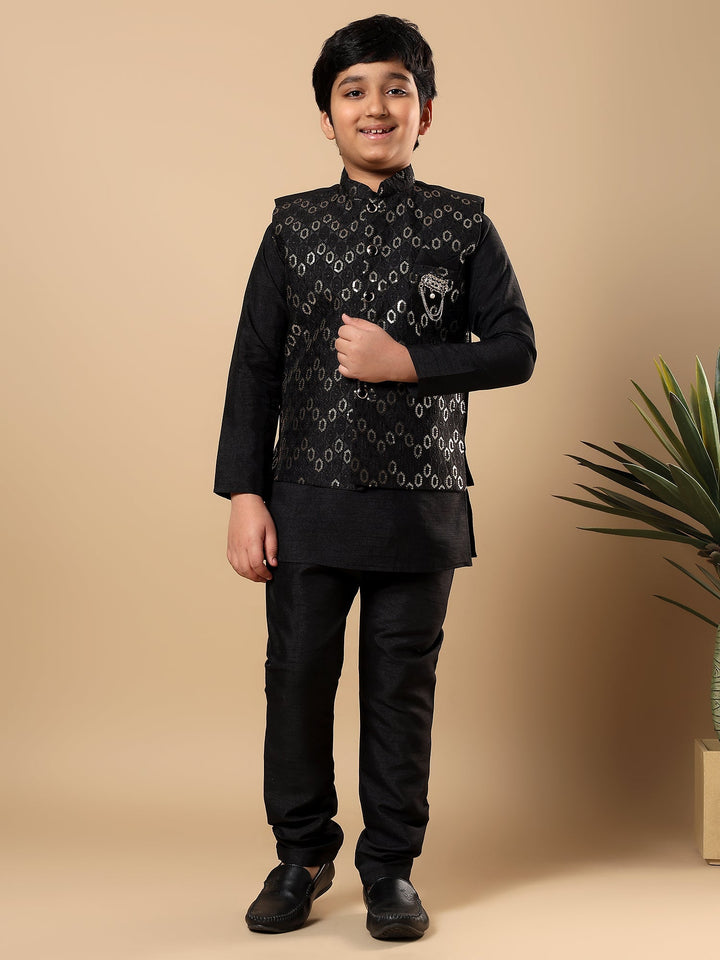 Boys Cotton Silk Oval Sequined Buti Pattern Kurta Pyjama and Waistcoat Set - Black | SHOBITAM