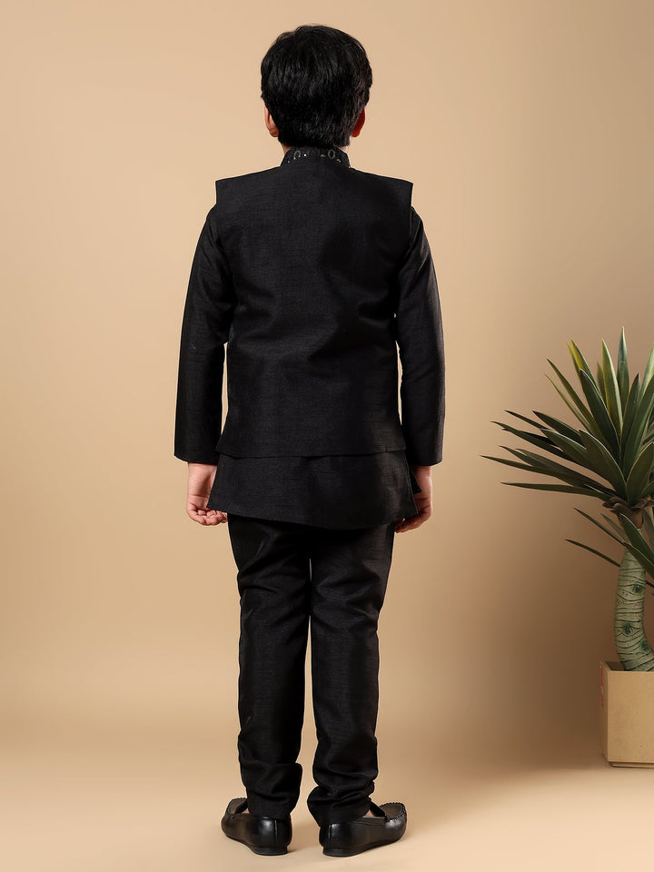 Boys Cotton Silk Oval Sequined Buti Pattern Kurta Pyjama and Waistcoat Set - Black | SHOBITAM