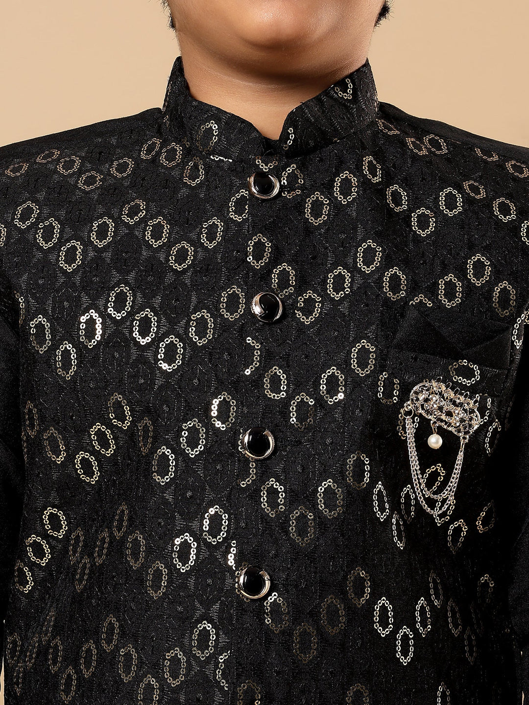 Boys Cotton Silk Oval Sequined Buti Pattern Kurta Pyjama and Waistcoat Set - Black | SHOBITAM