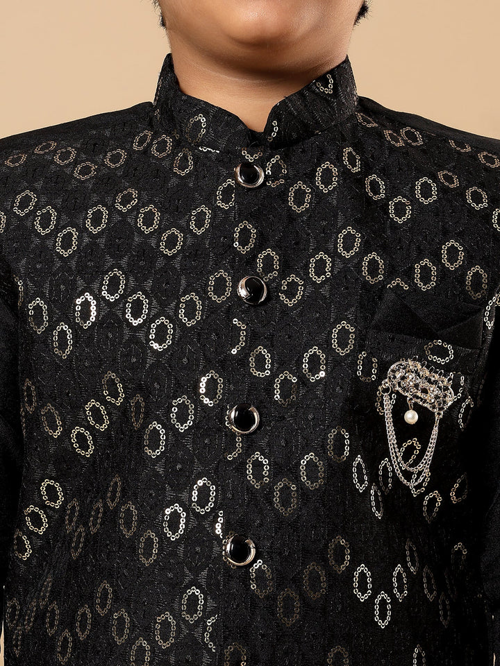Boys Cotton Silk Oval Sequined Buti Pattern Kurta Pyjama and Waistcoat Set - Black | SHOBITAM