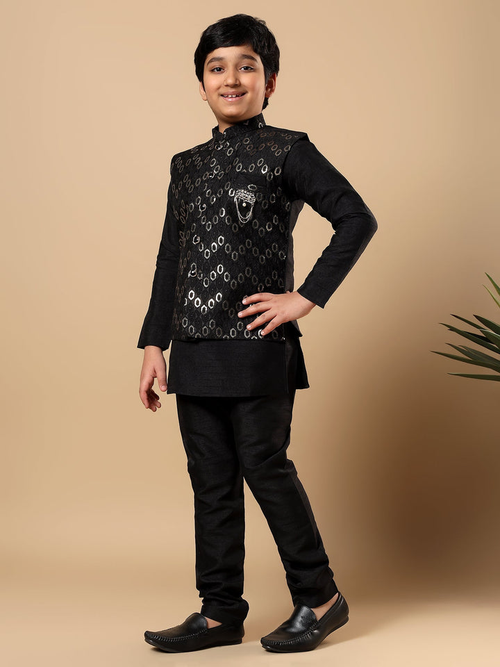 Boys Cotton Silk Oval Sequined Buti Pattern Kurta Pyjama and Waistcoat Set - Black | SHOBITAM