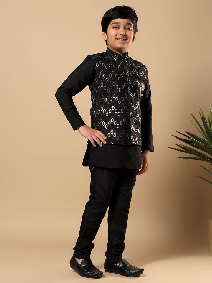 Boys Cotton Silk Oval Sequined Buti Pattern Kurta Pyjama and Waistcoat Set - Black | SHOBITAM