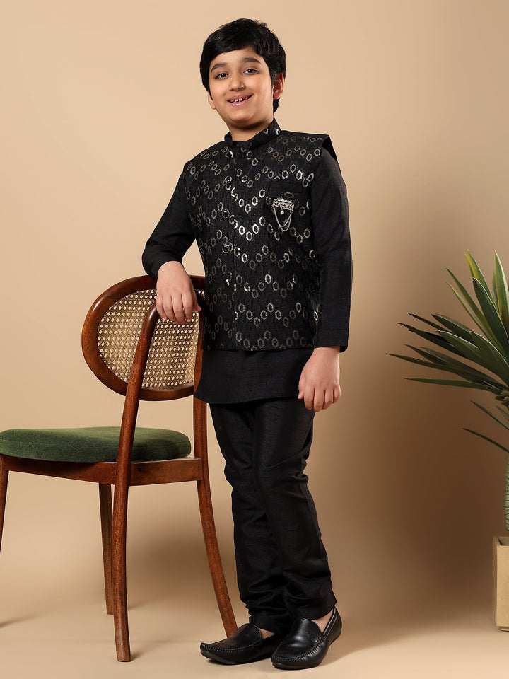Boys Cotton Silk Oval Sequined Buti Pattern Kurta Pyjama and Waistcoat Set - Black | SHOBITAM