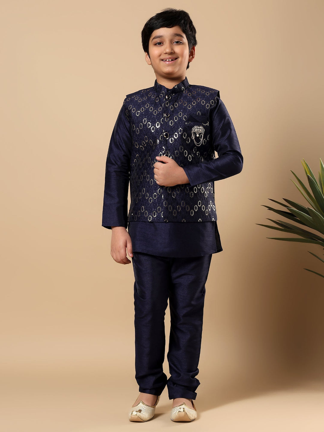 Boys Cotton Silk Oval Sequined Buti Pattern Kurta Pyjama and Waistcoat Set - Navy Blue | SHOBITAM