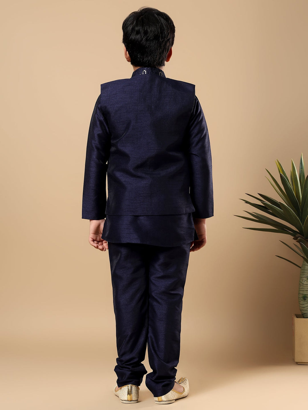 Boys Cotton Silk Oval Sequined Buti Pattern Kurta Pyjama and Waistcoat Set - Navy Blue | SHOBITAM