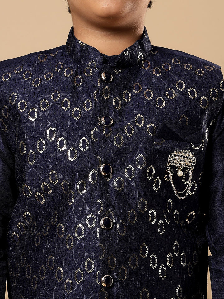 Boys Cotton Silk Oval Sequined Buti Pattern Kurta Pyjama and Waistcoat Set - Navy Blue | SHOBITAM