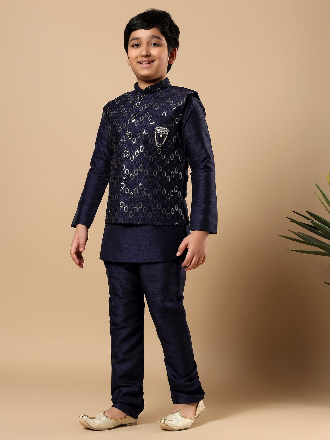 Boys Cotton Silk Oval Sequined Buti Pattern Kurta Pyjama and Waistcoat Set - Navy Blue | SHOBITAM