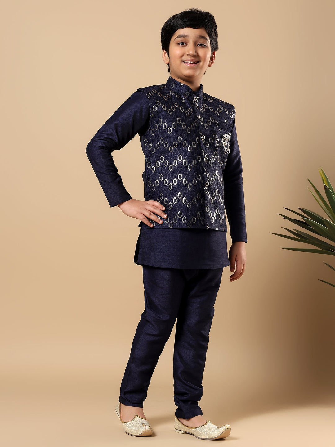 Boys Cotton Silk Oval Sequined Buti Pattern Kurta Pyjama and Waistcoat Set - Navy Blue | SHOBITAM