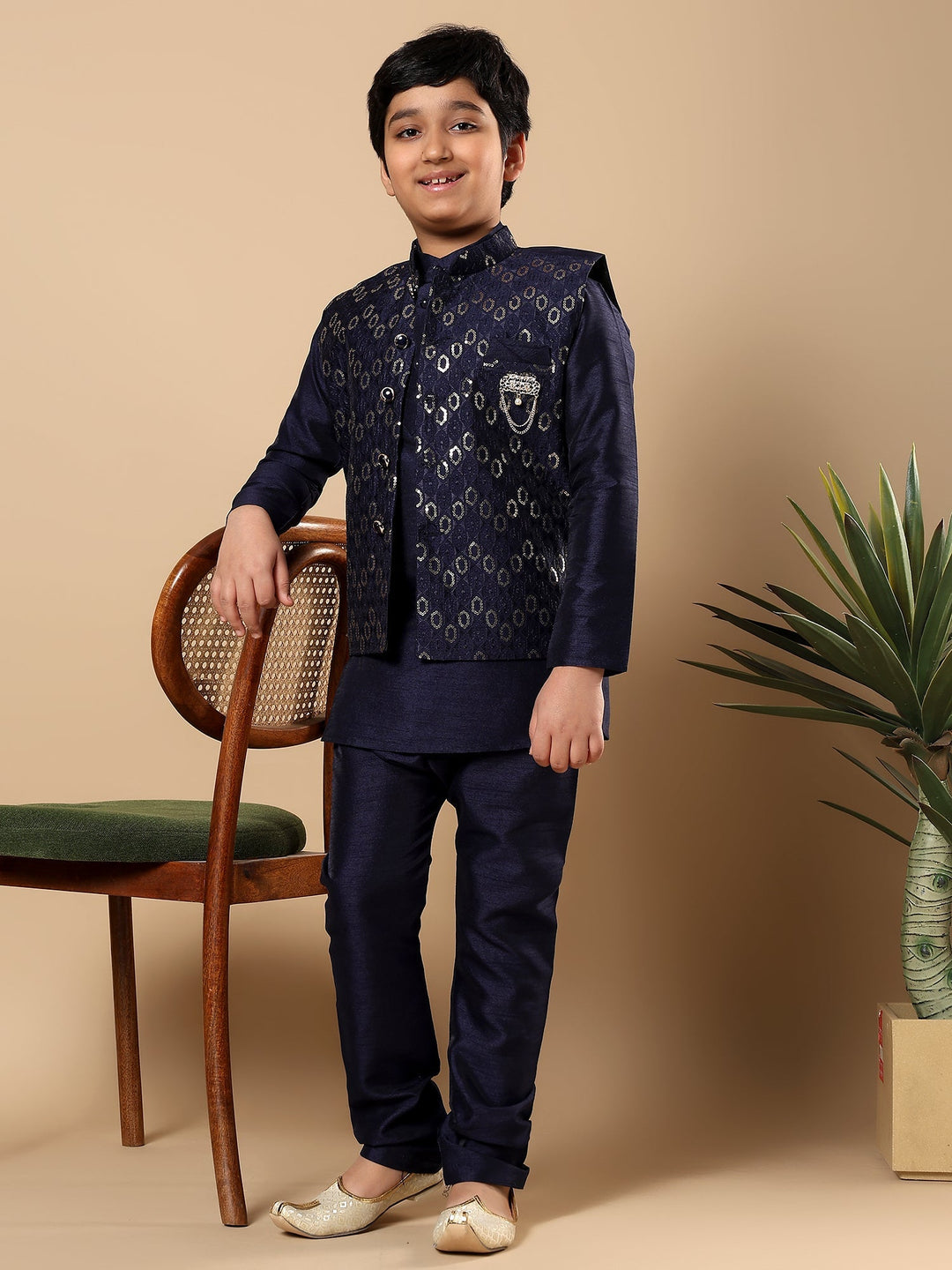 Boys Cotton Silk Oval Sequined Buti Pattern Kurta Pyjama and Waistcoat Set - Navy Blue | SHOBITAM