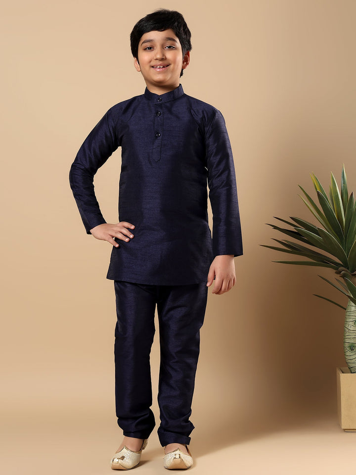 Boys Cotton Silk Oval Sequined Buti Pattern Kurta Pyjama and Waistcoat Set - Navy Blue | SHOBITAM