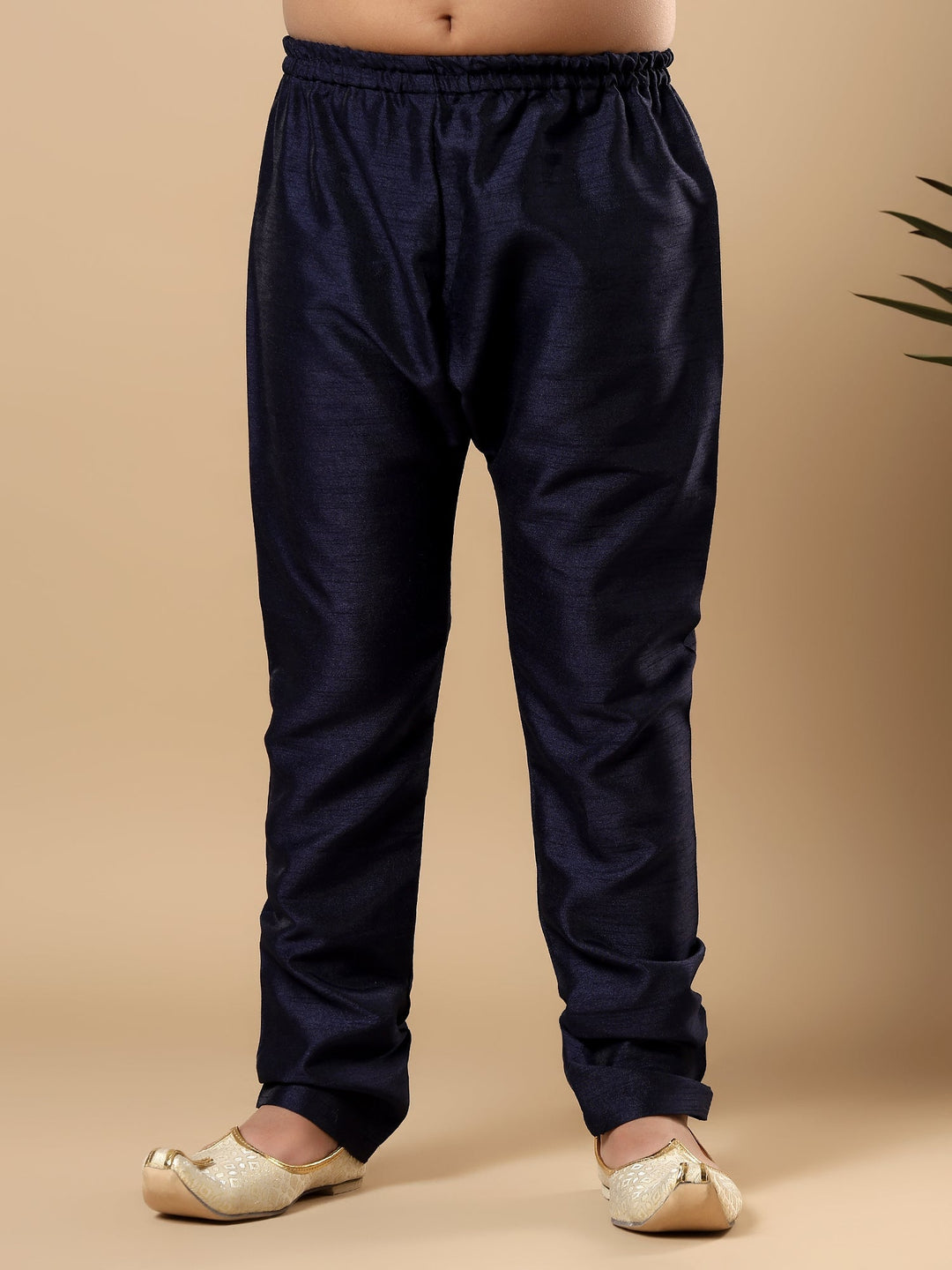 Boys Cotton Silk Oval Sequined Buti Pattern Kurta Pyjama and Waistcoat Set - Navy Blue | SHOBITAM