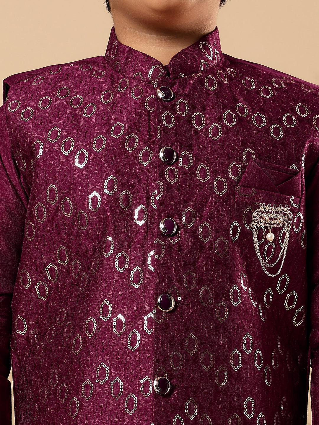 Boys Cotton Silk Oval Sequined Buti Pattern Kurta Pyjama and Waistcoat Set - Wine | SHOBITAM