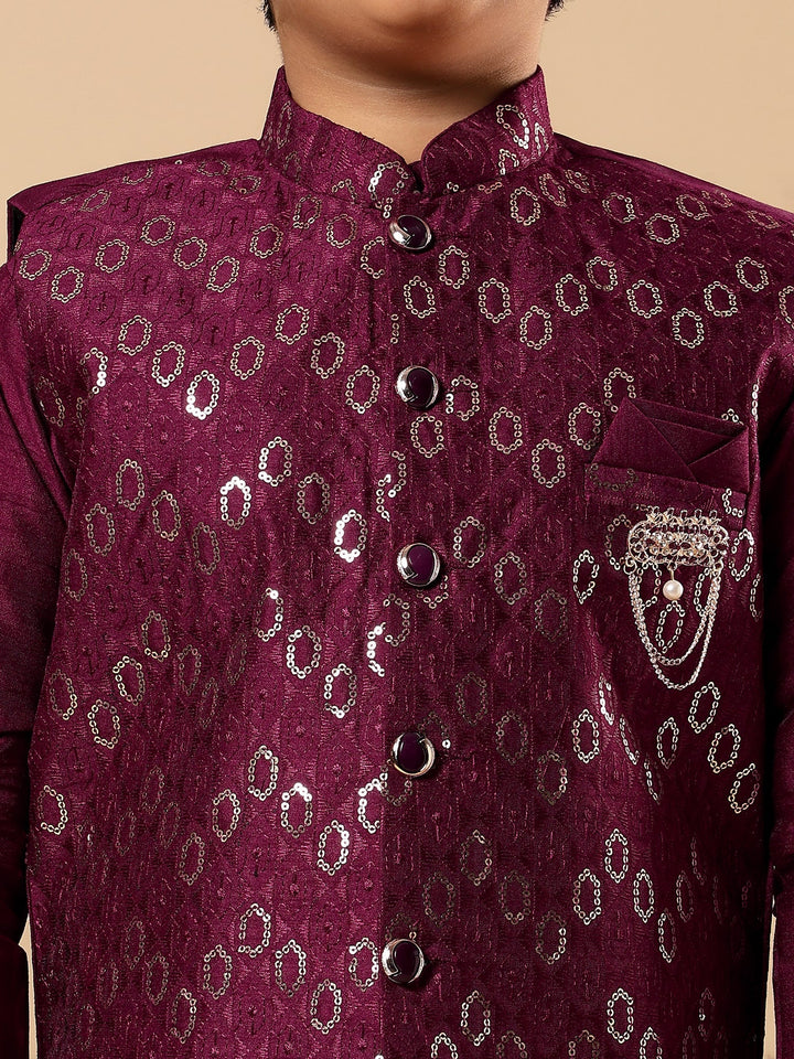 Boys Cotton Silk Oval Sequined Buti Pattern Kurta Pyjama and Waistcoat Set - Wine | SHOBITAM