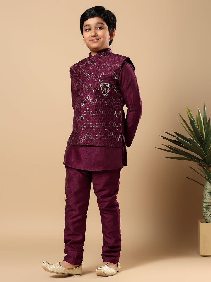 Boys Cotton Silk Oval Sequined Buti Pattern Kurta Pyjama and Waistcoat Set - Wine | SHOBITAM
