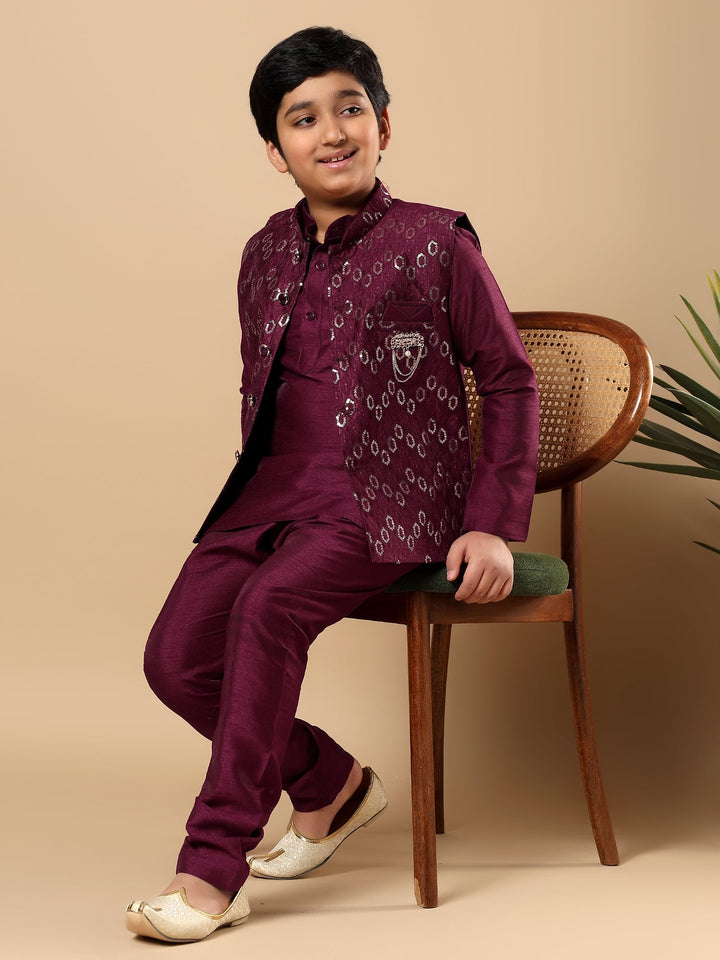 Boys Cotton Silk Oval Sequined Buti Pattern Kurta Pyjama and Waistcoat Set - Wine | SHOBITAM