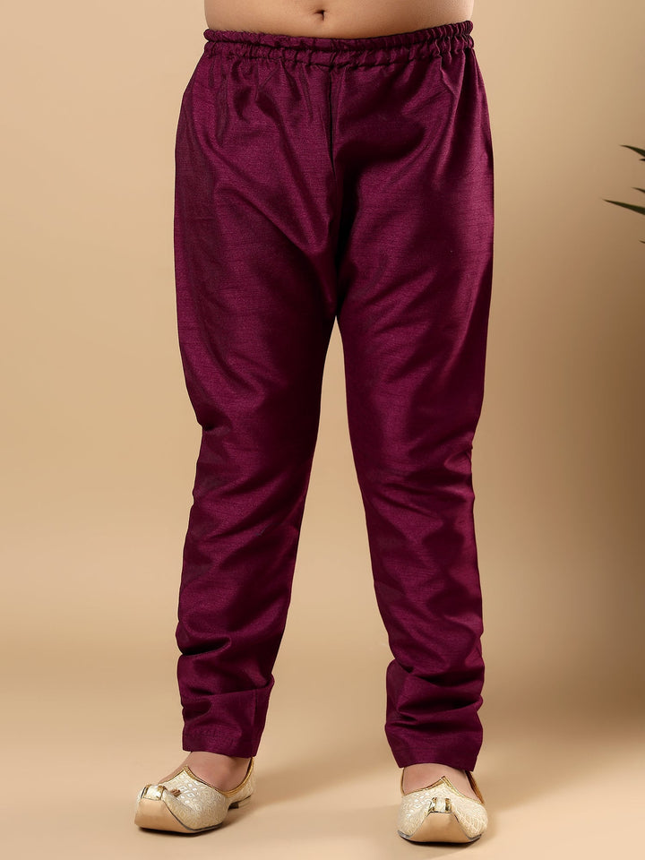 Boys Cotton Silk Oval Sequined Buti Pattern Kurta Pyjama and Waistcoat Set - Wine | SHOBITAM