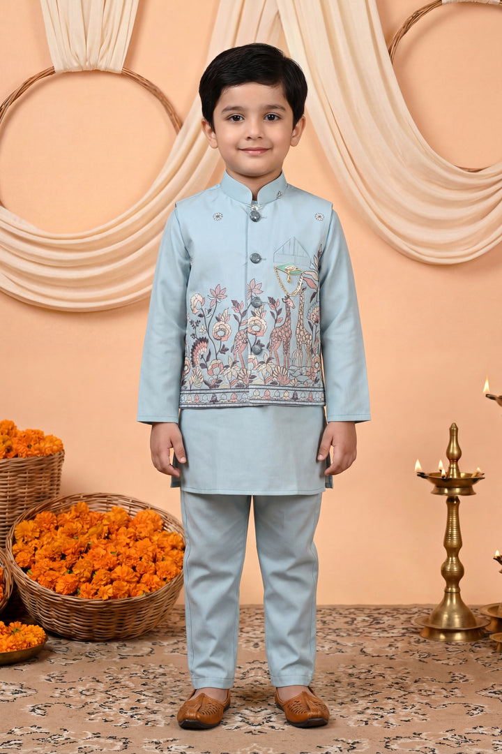 Boys Cotton Satin Kurta Pyjama Set with Floral Giraffe Embroidered Waistcoat - Light Blue | SHOBITAM