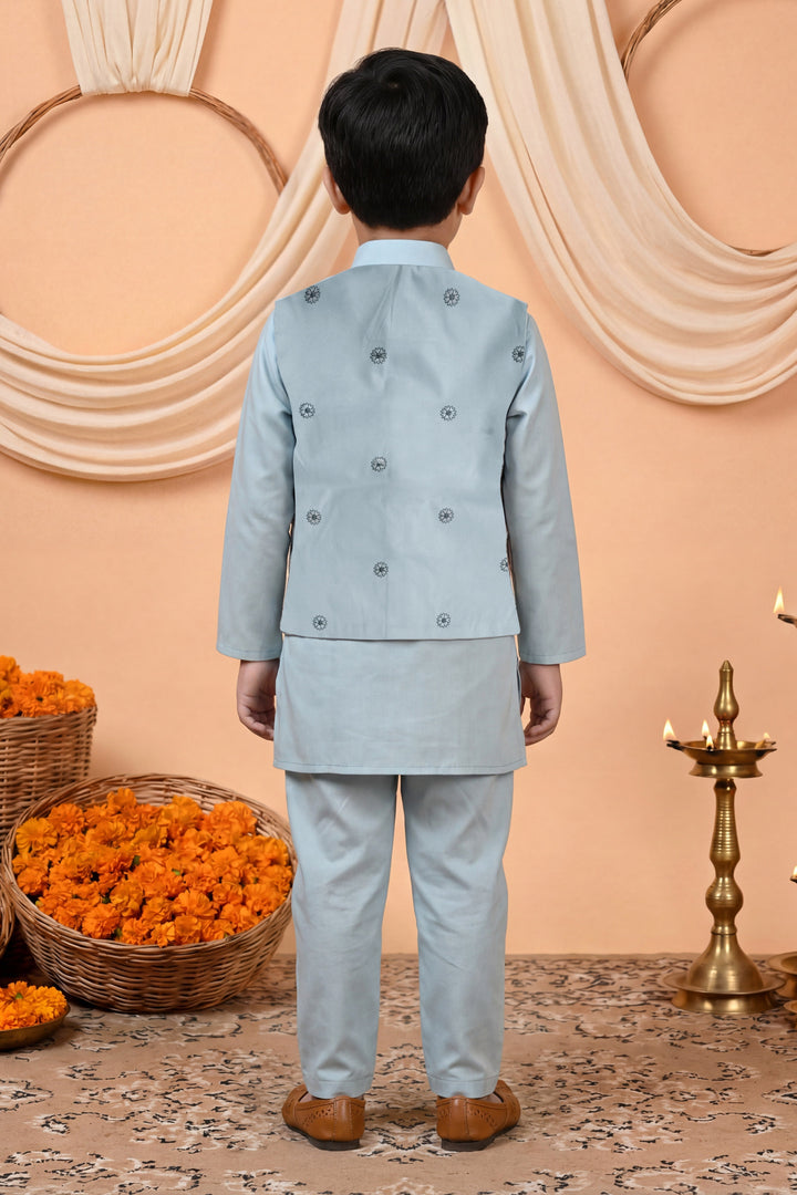 Boys Cotton Satin Kurta Pyjama Set with Floral Giraffe Embroidered Waistcoat - Light Blue | SHOBITAM