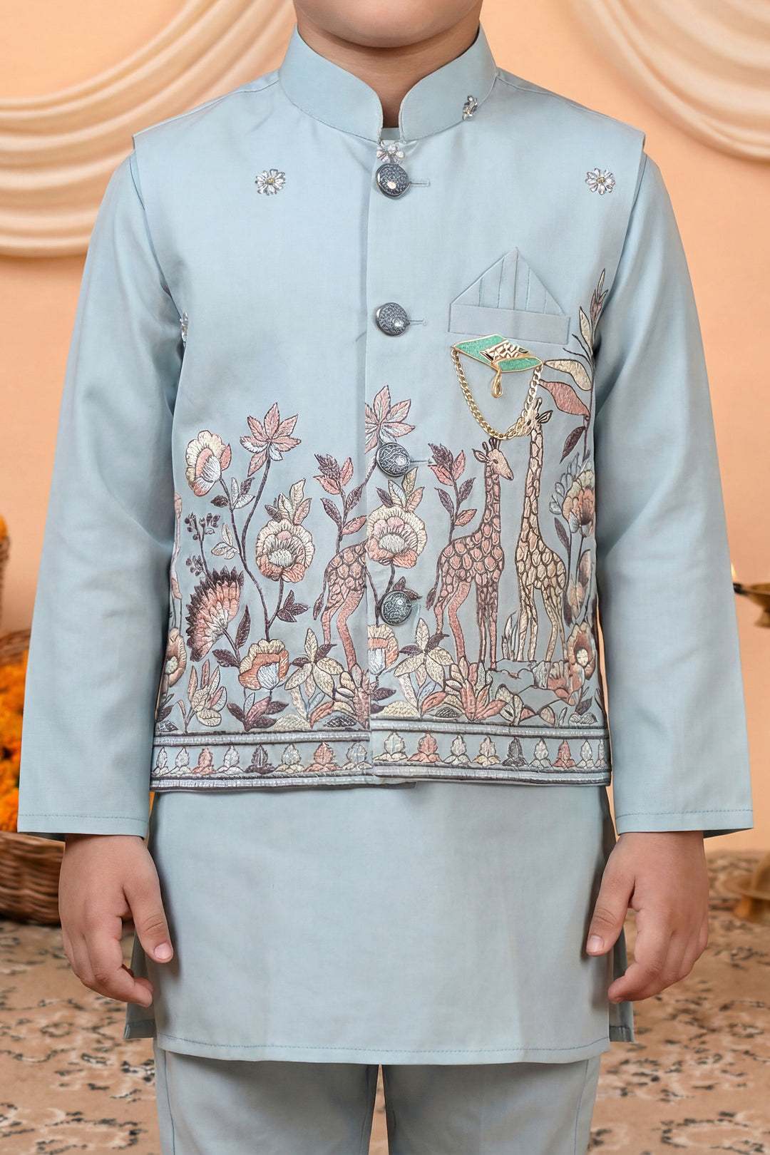 Boys Cotton Satin Kurta Pyjama Set with Floral Giraffe Embroidered Waistcoat - Light Blue | SHOBITAM