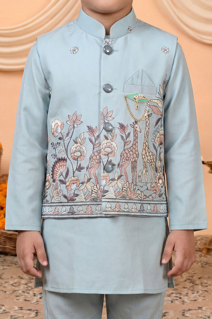 Boys Cotton Satin Kurta Pyjama Set with Floral Giraffe Embroidered Waistcoat - Light Blue | SHOBITAM