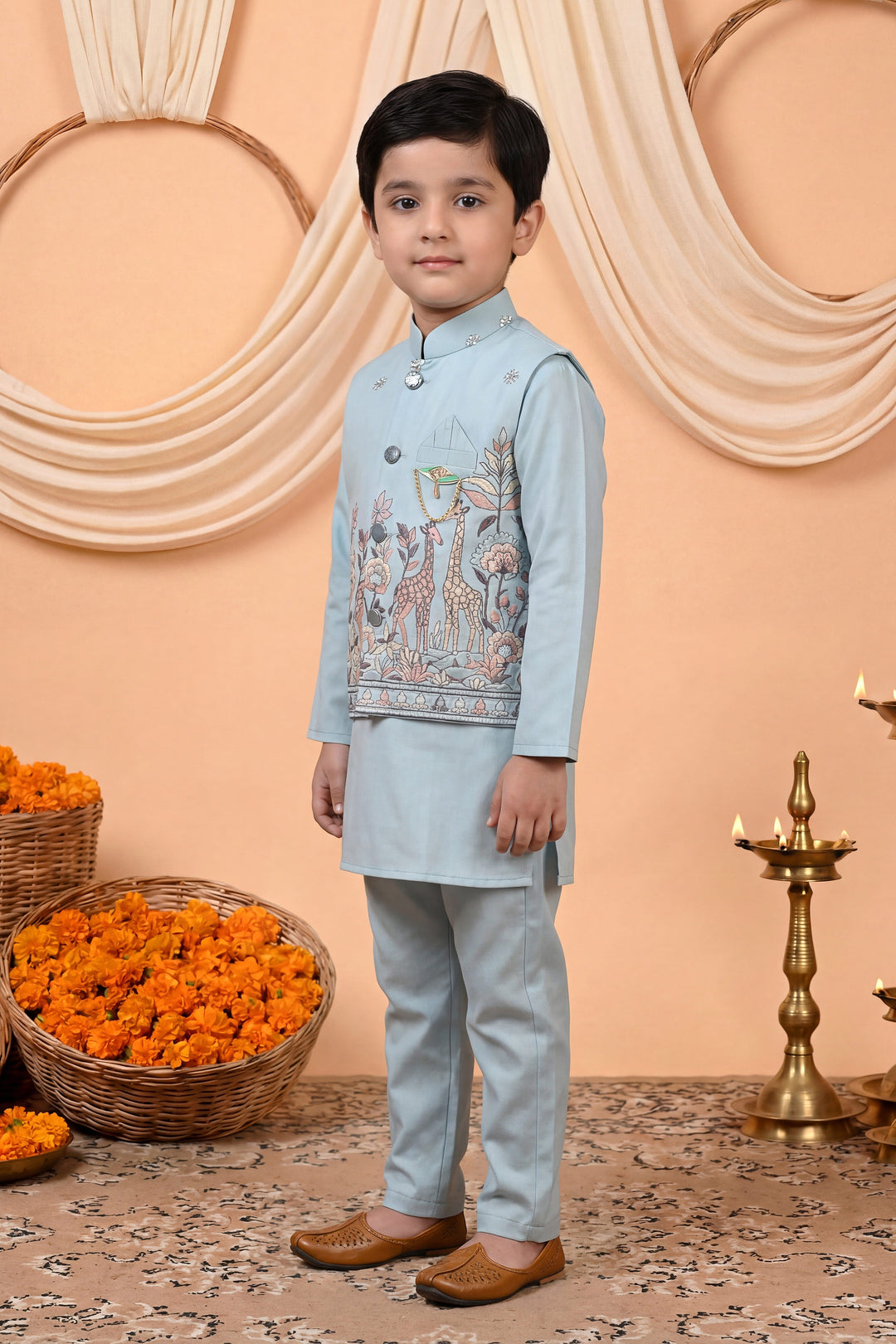 Boys Cotton Satin Kurta Pyjama Set with Floral Giraffe Embroidered Waistcoat - Light Blue | SHOBITAM