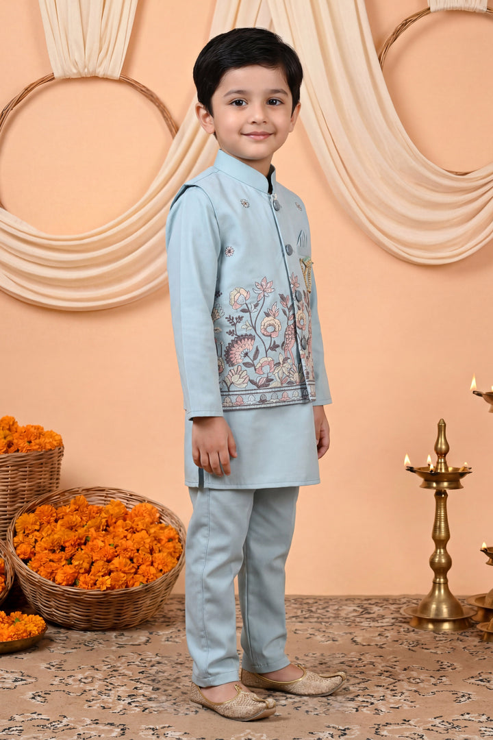 Boys Cotton Satin Kurta Pyjama Set with Floral Giraffe Embroidered Waistcoat - Light Blue | SHOBITAM