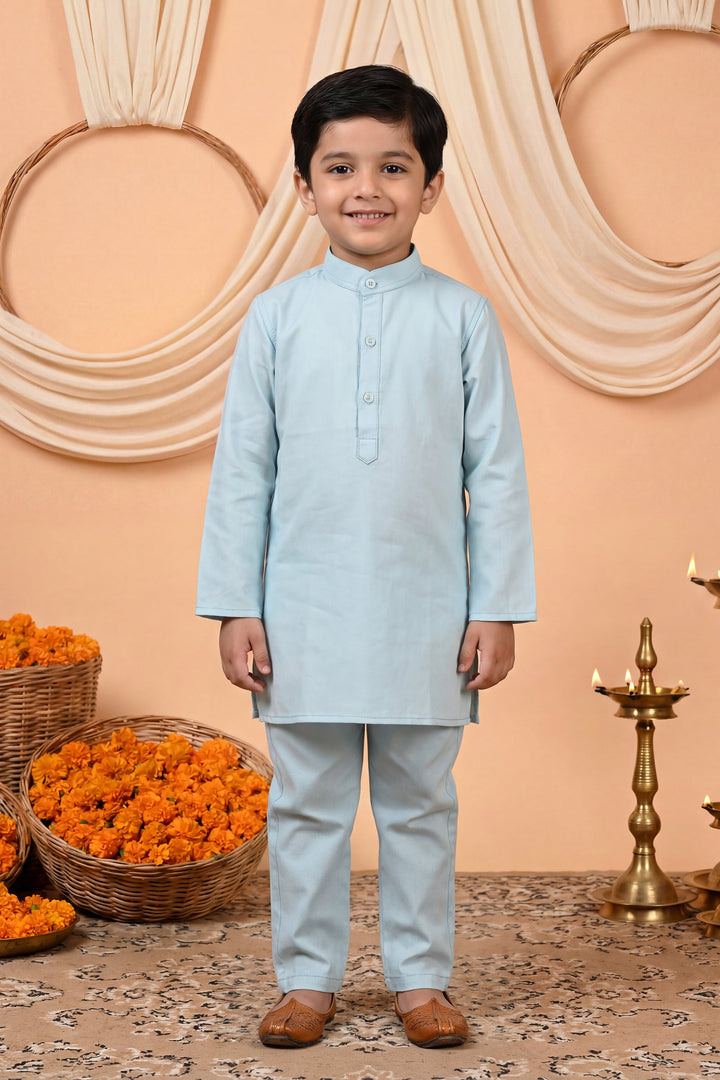 Boys Cotton Satin Kurta Pyjama Set with Floral Giraffe Embroidered Waistcoat - Light Blue | SHOBITAM