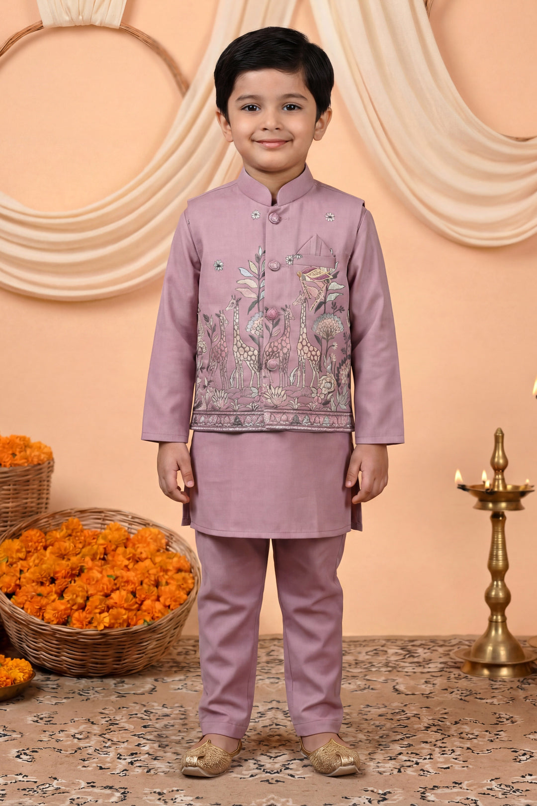 Boys Cotton Satin Kurta Pyjama Set with Floral Giraffe Embroidered Waistcoat - Mauve | SHOBITAM