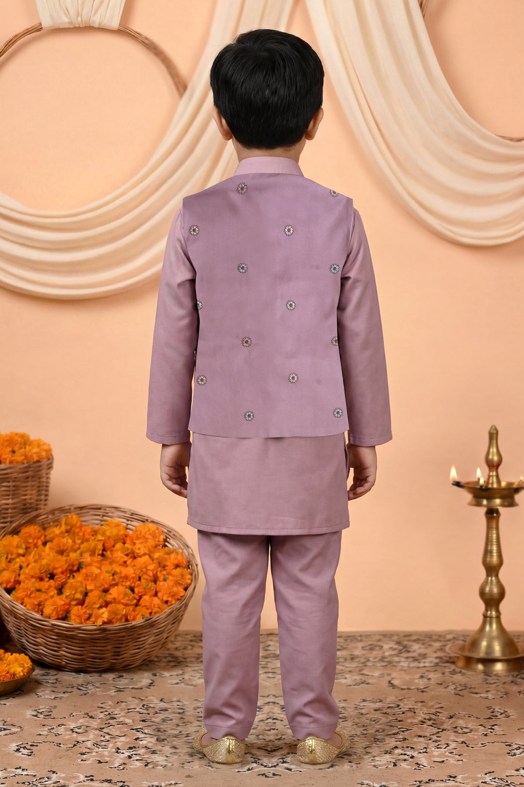 Boys Cotton Satin Kurta Pyjama Set with Floral Giraffe Embroidered Waistcoat - Mauve | SHOBITAM