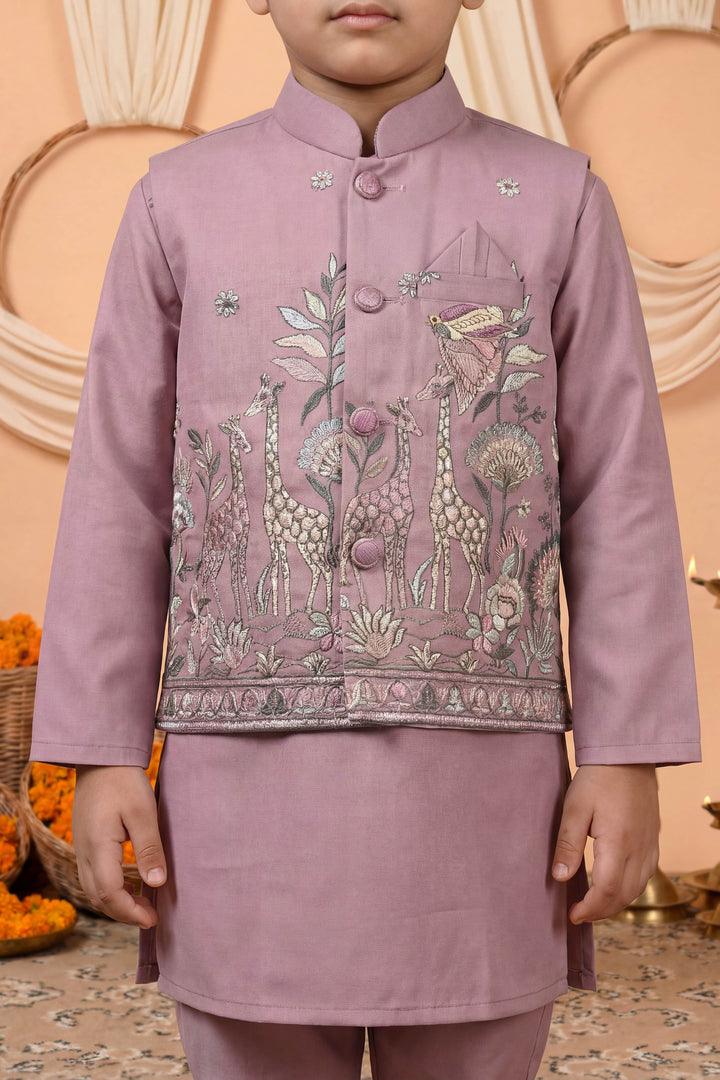 Boys Cotton Satin Kurta Pyjama Set with Floral Giraffe Embroidered Waistcoat - Mauve | SHOBITAM