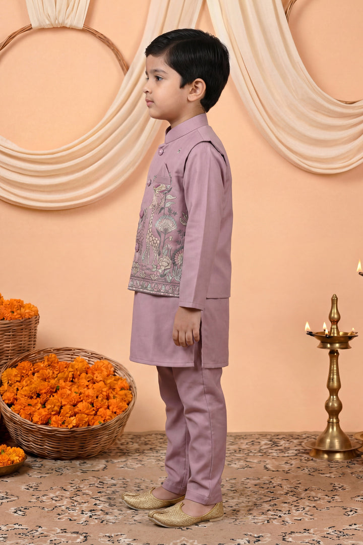 Boys Cotton Satin Kurta Pyjama Set with Floral Giraffe Embroidered Waistcoat - Mauve | SHOBITAM