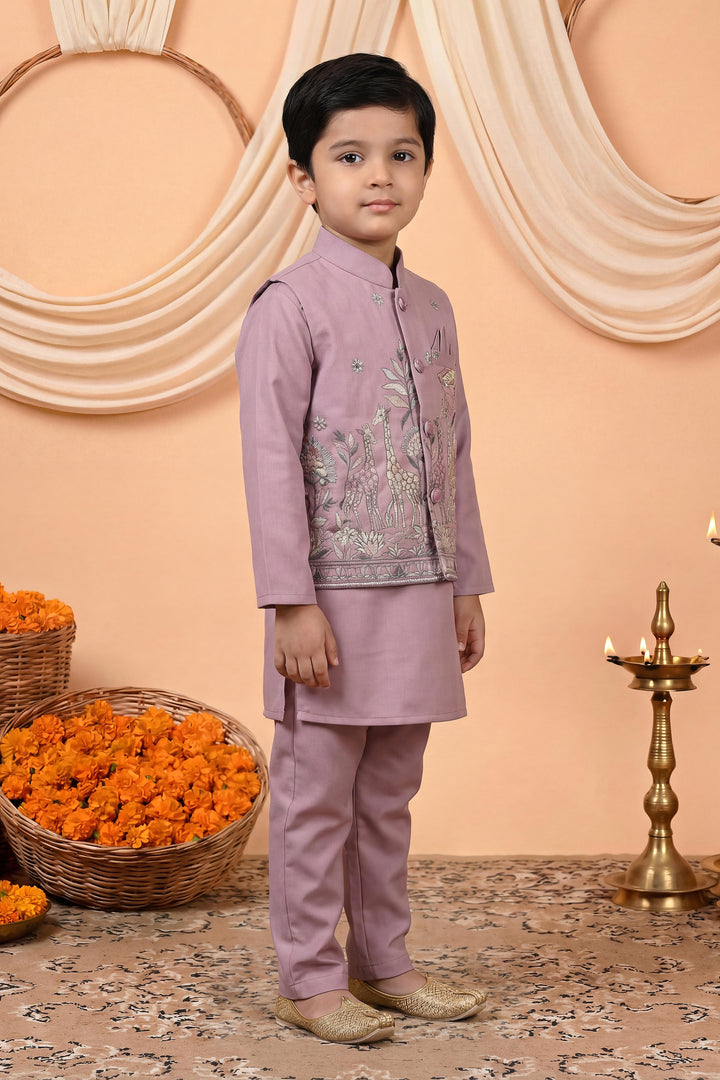 Boys Cotton Satin Kurta Pyjama Set with Floral Giraffe Embroidered Waistcoat - Mauve | SHOBITAM