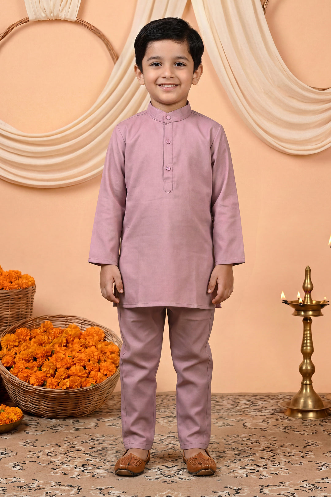 Boys Cotton Satin Kurta Pyjama Set with Floral Giraffe Embroidered Waistcoat - Mauve | SHOBITAM
