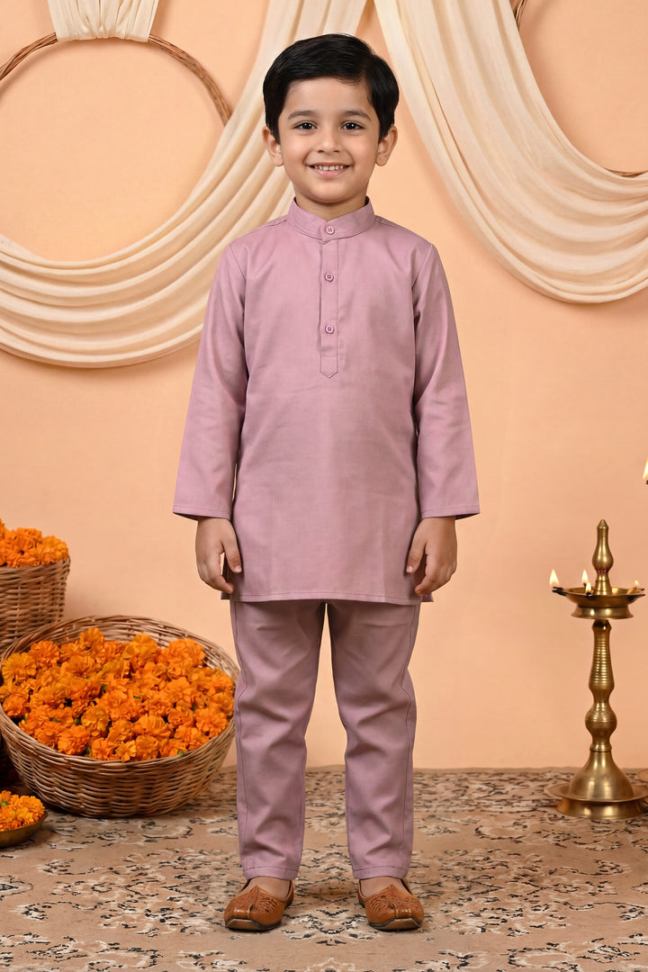 Boys Cotton Satin Kurta Pyjama Set with Floral Giraffe Embroidered Waistcoat - Mauve | SHOBITAM
