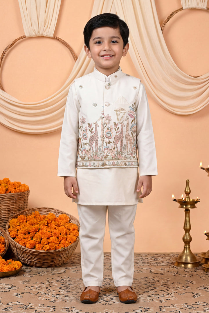 Boys Cotton Satin Kurta Pyjama Set with Floral Giraffe Embroidered Waistcoat - Off White | SHOBITAM