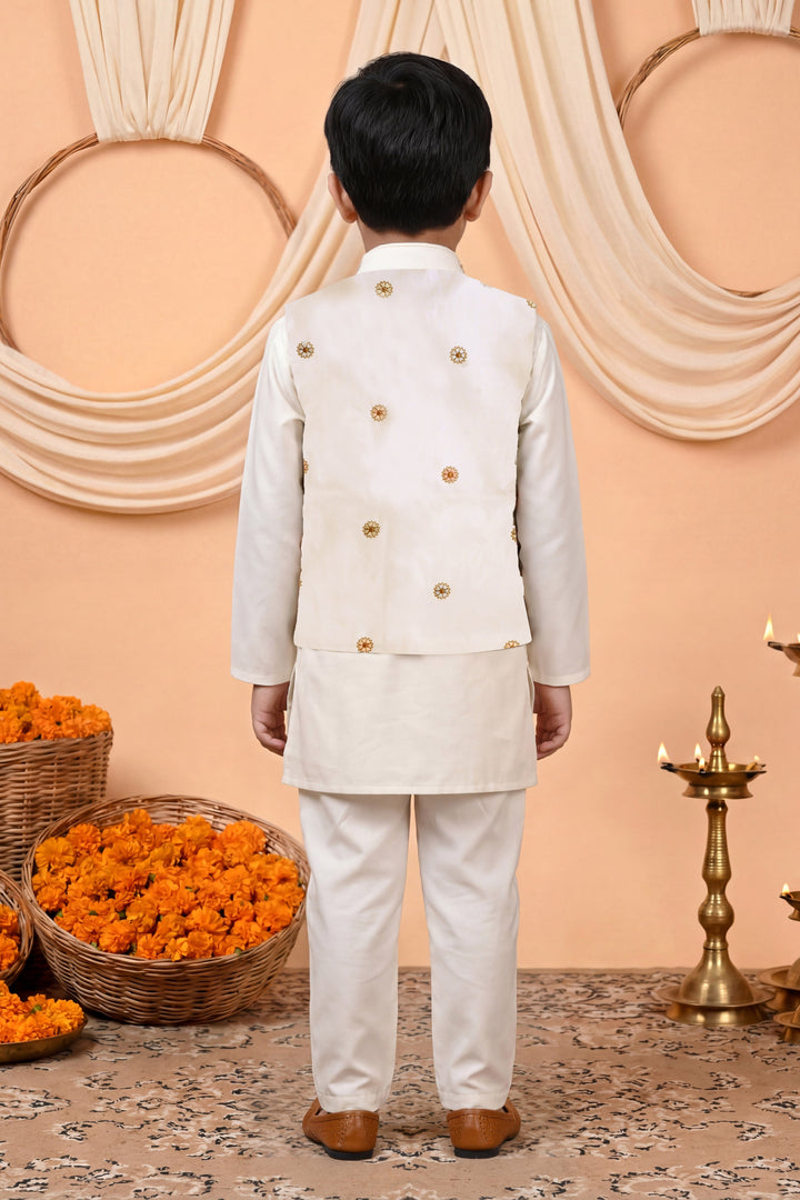 Boys Cotton Satin Kurta Pyjama Set with Floral Giraffe Embroidered Waistcoat - Off White | SHOBITAM